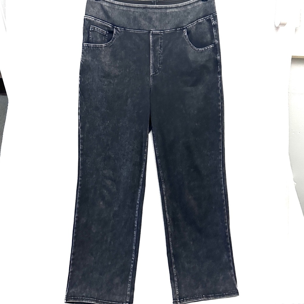 Halara L Reg High Waisted Pull On Straight Leg Jeans Black Acid Wash Large